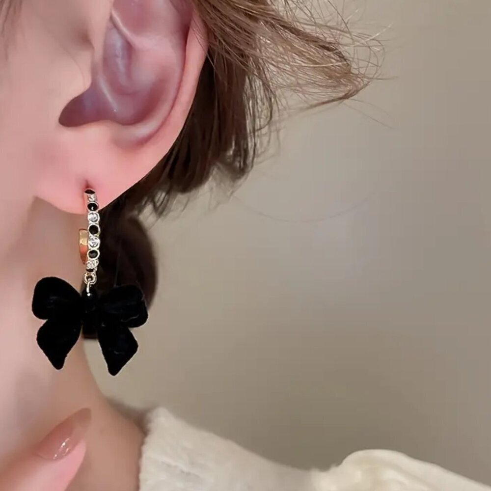 NEW Black velvet bow stud dangle earrings coquette bow jewelry, hoop earrings - Picture 3 of 4